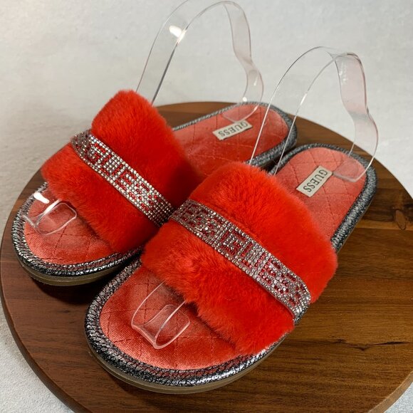 Guess Women's Slippy Faux Fur Rhinestone Slides/Slippers size 9 Hot  Red - Picture 1 of 9